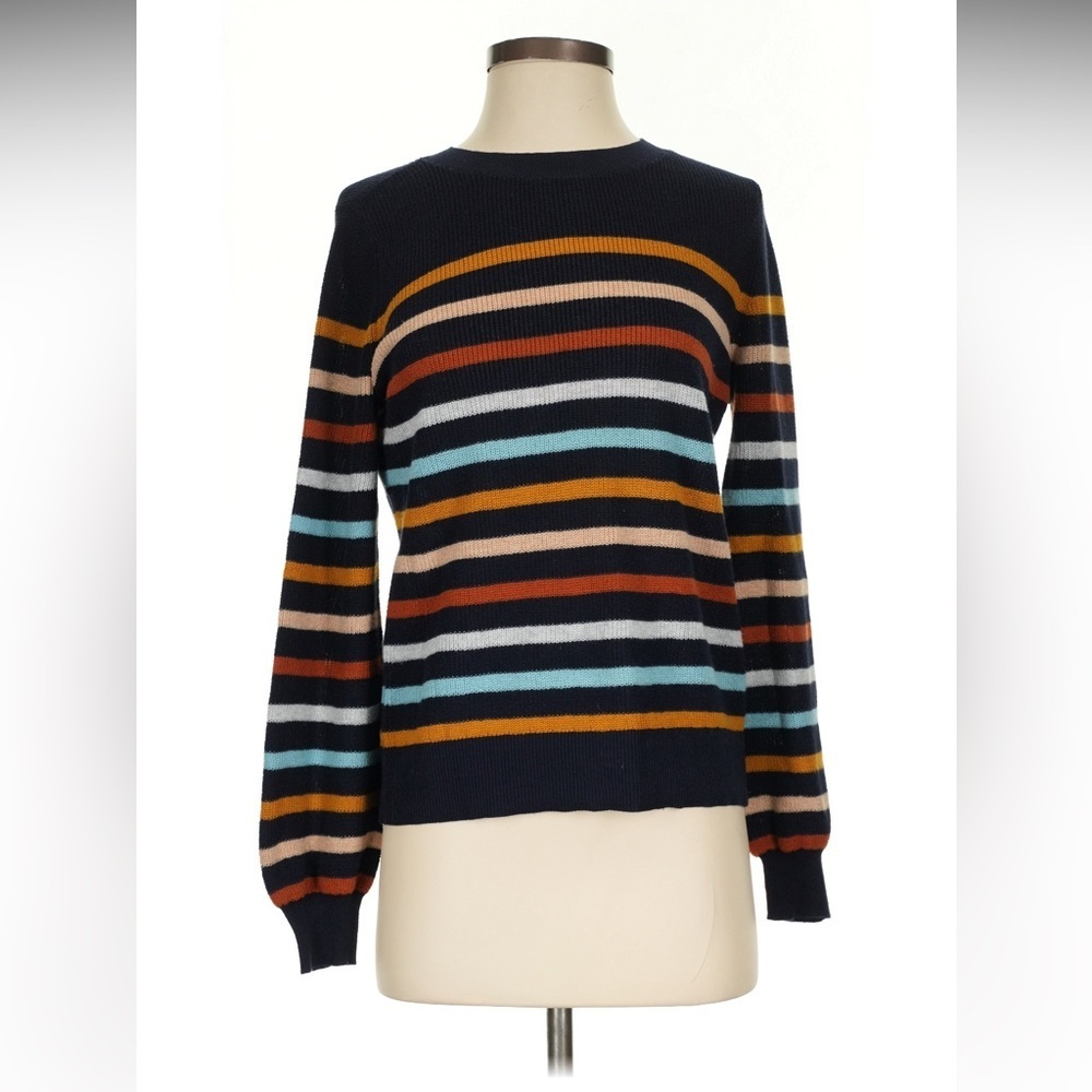 Loft Womens Size Large Crewneck Sweater Navy Blue Multicolor Stripes 100% Cotton